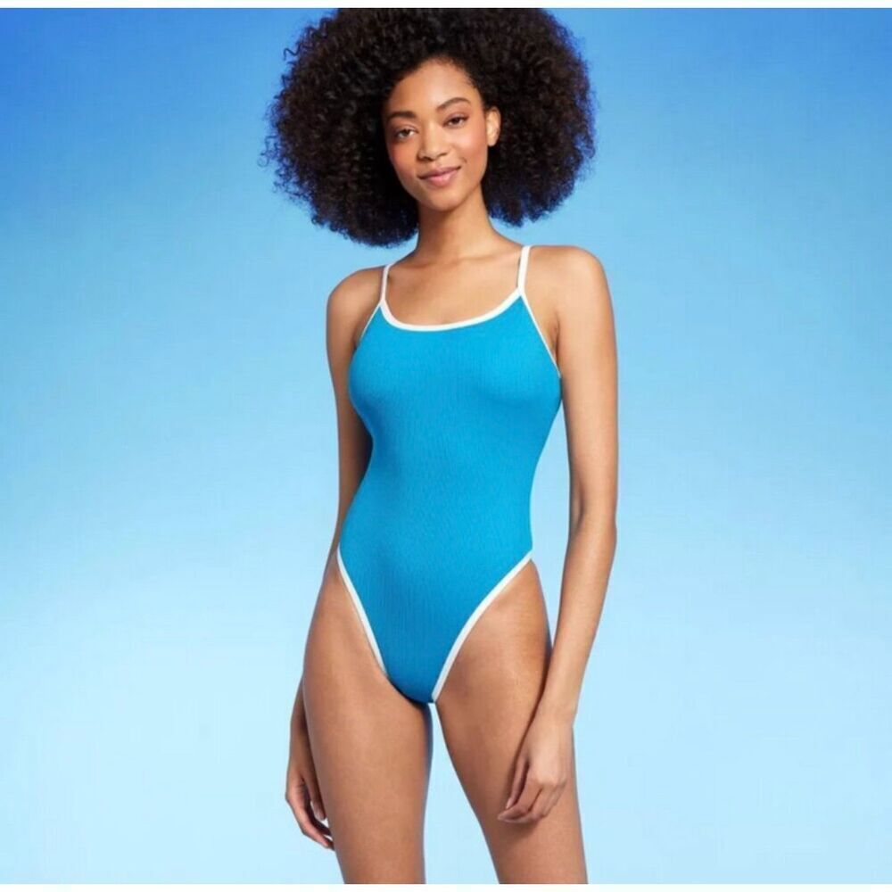 Shade & Shore One Piece Swimsuit Low Back Blue Contrast Binding Womens sz Small
